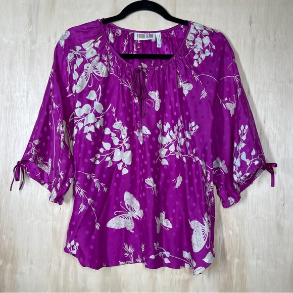 Yumi Kim Pink 100% Silk Butterfly Floral Polka Dot Prints Tie Cuff/Neck Blouse S - Picture 1 of 14